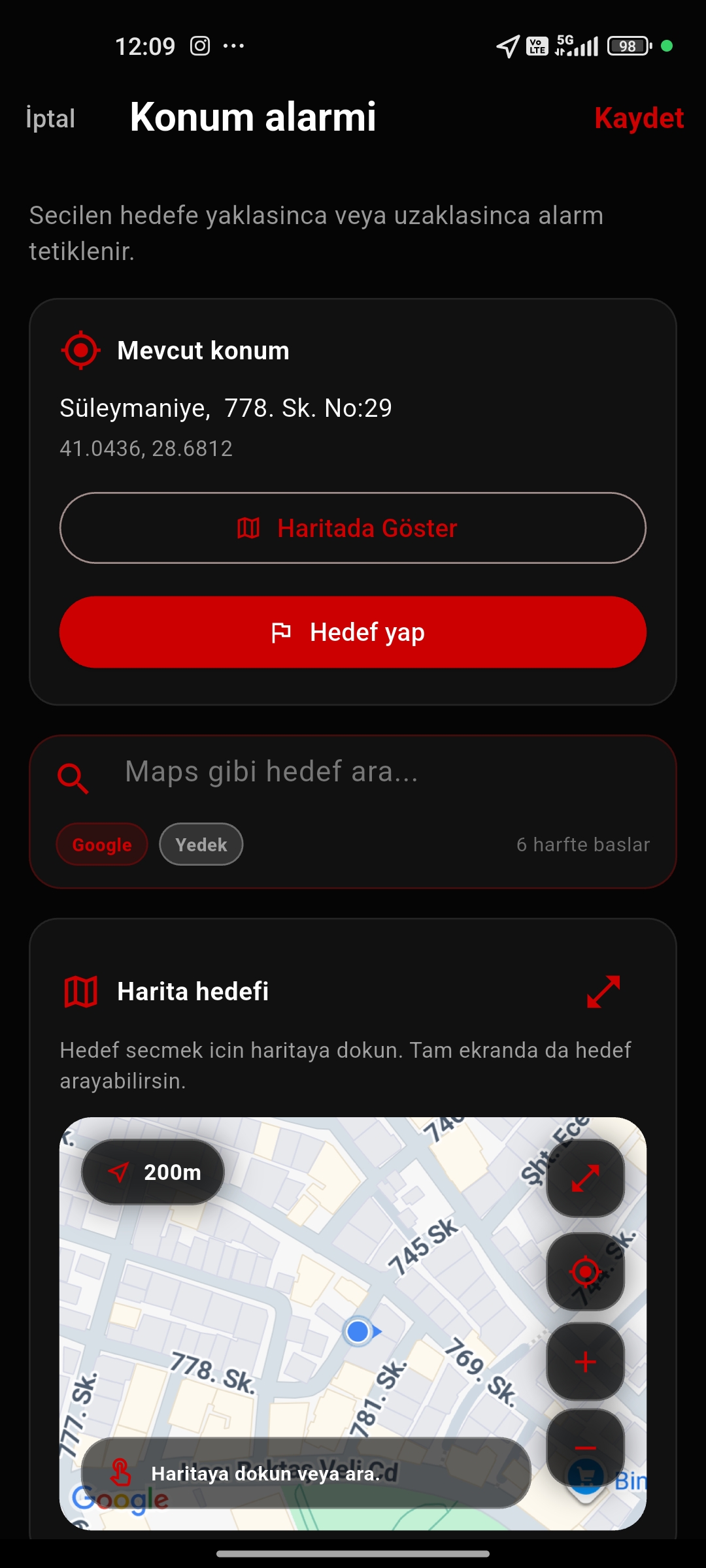 Konum alarmı harita