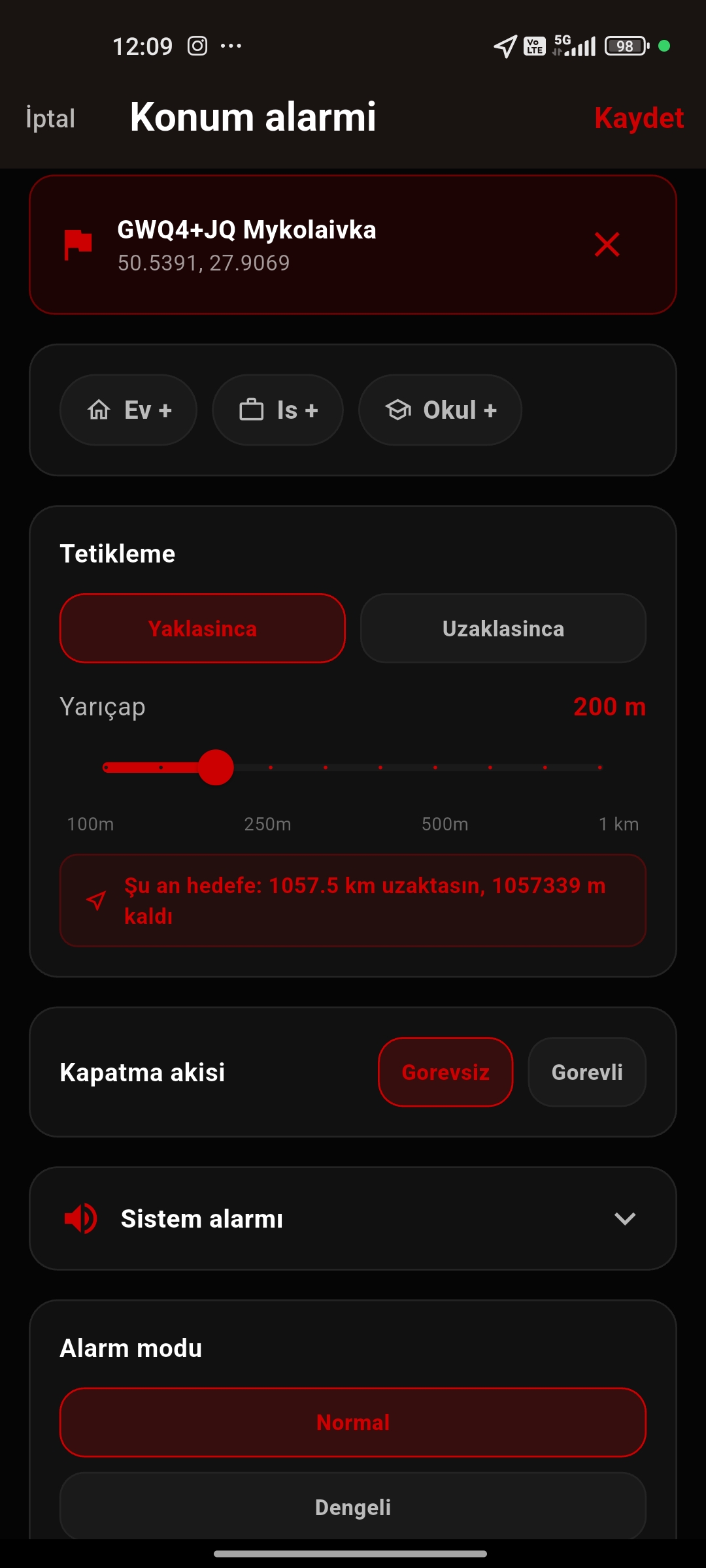 Konum alarmı tetikleme